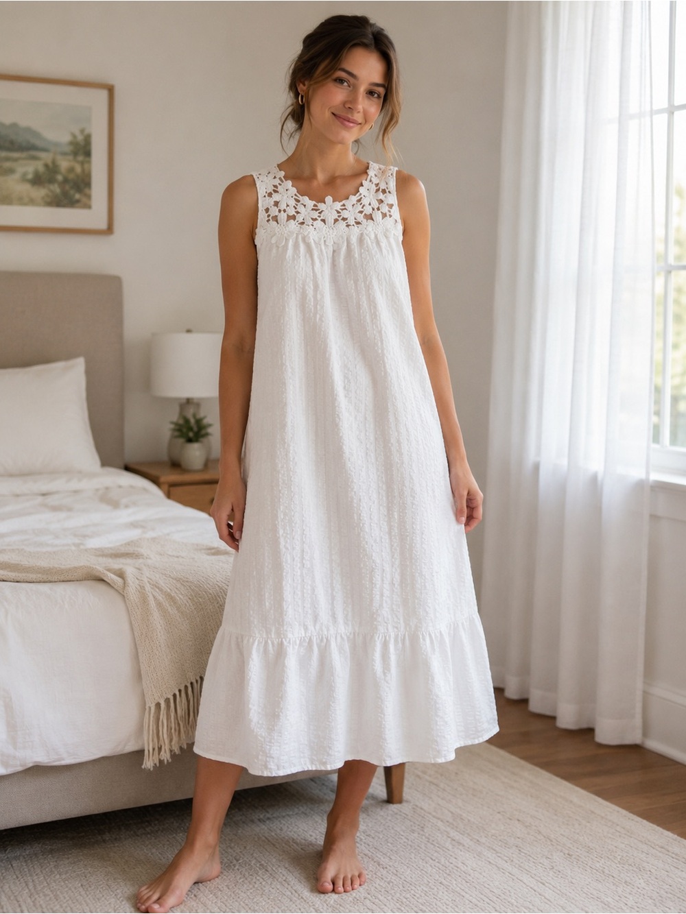 Emily Rose Small White Sleeveless Eyelet Yoke Midi Night Gown